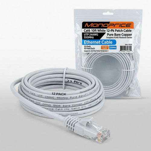 Monoprice Cat6 10ft White 12-Pk Patch Cable UTP 24AWG 550MHz Pure Bare Copper Snagless RJ45 Flexboot Series Ethernet Cable