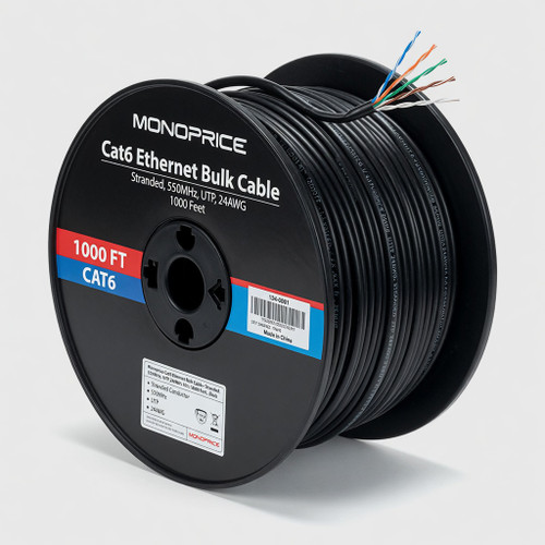 Monoprice Cat6 Ethernet Bulk Cable - Stranded, 550Mhz, UTP, 24AWG, 1000 Feet, Black