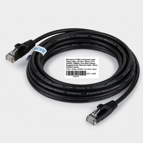 Monoprice Cat6A Component Level Patch Cable - 50 Feet - Black | UTP, 24AWG, 500MHz, Pure Bare Copper, Snagless RJ45, Ethernet Cable - Micro SlimRun Series