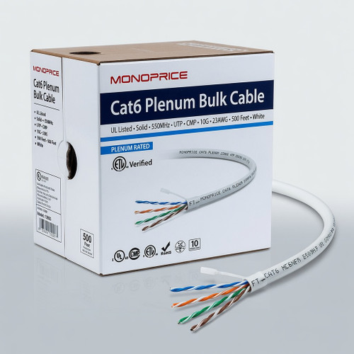 Monoprice Cat6 Plenum Bulk Cable - UL, Solid, 550MHz, UTP, CMP, 10G, 23AWG, 500 Feet, White