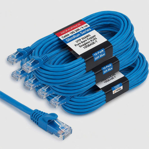 Monoprice Cat6A 30ft Blue 10-Pk Patch Cable UTP 30AWG 10G Pure Bare Copper Snagless RJ45 SlimRun Series Ethernet Cable