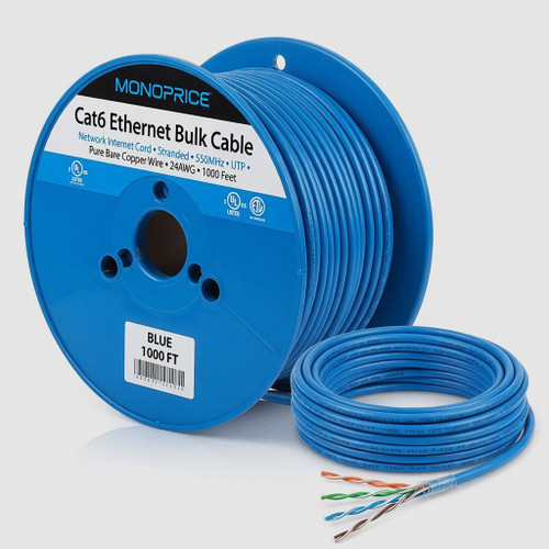 Monoprice Cat6 Ethernet Bulk Cable - Network Internet Cord, Stranded, 550Mhz, UTP, Pure Bare Copper Wire, 24AWG, 1000 Feet, Blue
