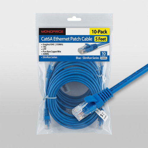 Monoprice Cat6A Ethernet Patch Cable - Snagless RJ45, 550Mhz, 10G, UTP, Pure Bare Copper Wire, 30AWG, 10-Pack, 5 Feet, Blue - SlimRun Series