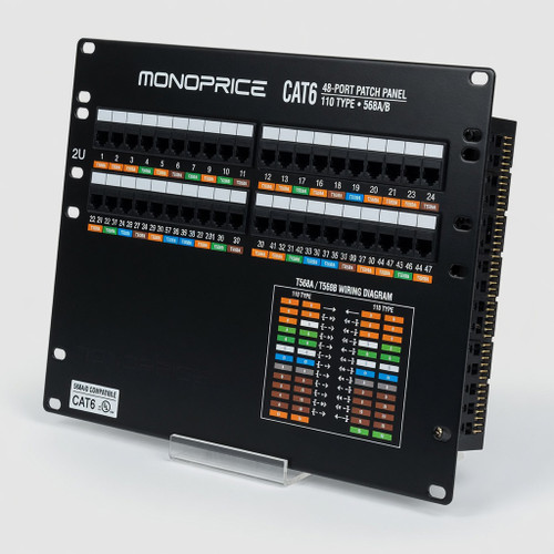 Monoprice Cat6 48-Port Patch Panel - 110 Type, 568A/B Compatible, 2U Rack Compatible, Numbered Ports, Color Coded Wiring Diagram, Black