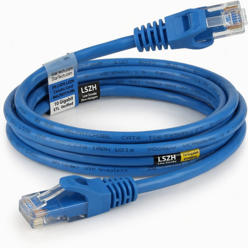 StarTech.com 3ft (90cm) CAT6 Ethernet Cable - LSZH (Low Smoke Zero Halogen) - 10 Gigabit 650MHz 100W PoE RJ45 UTP Network Patch Cord Snagless w/Strain Relief - Blue CAT 6, ETL Verified (N6LPATCH3BL)