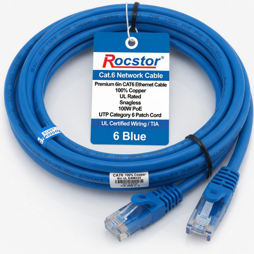Rocstor Cat.6 Network Cable Premium 6in CAT6 Ethernet Cable - 100% Copper UL Rated - Blue - Snagless - 100W PoE UTP Category 6 Patch Cord UL Certified Wiring/TIA - 6" Blue CAT6 Ethernet