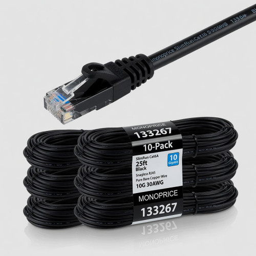 Monoprice - 133267 SlimRun Cat6A Ethernet Patch Cable - Snagless RJ45 UTP Pure Bare Copper Wire 10G 30AWG 25ft Black 10-Pack