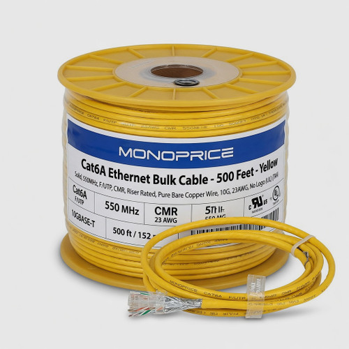 Monoprice Cat6A Ethernet Bulk Cable - 500 Feet - Yellow | Solid, 550Mhz, F/UTP, CMR, Riser Rated, Pure Bare Copper Wire, 10G, 23AWG, No Logo (UL) (TAA)