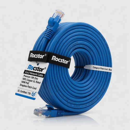 Rocstor Cat.6 Network Cable Premium 10ft (3m) CAT6 Ethernet Cable - 100% Copper UL Rated - Blue - Snagless - 100W PoE UTP Category 6 Patch Cord UL Certified Wiring/TIA - 10ft Blue CAT6 Ether