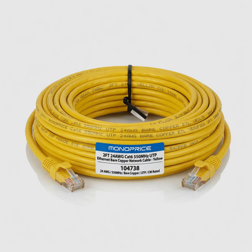 Monoprice 2FT 24AWG Cat6 550MHz UTP Ethernet Bare Copper Network Cable - Yellow