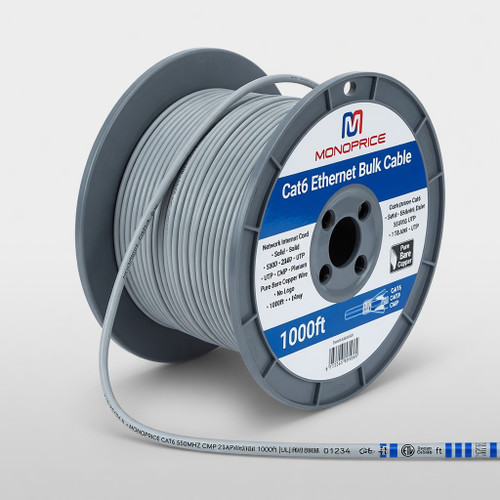 Monoprice Cat6 Ethernet Bulk Cable - Network Internet Cord - Solid, 550Mhz, UTP, CMP, Plenum, Pure Bare Copper Wire, 23AWG, No Logo, 1000ft, Gray