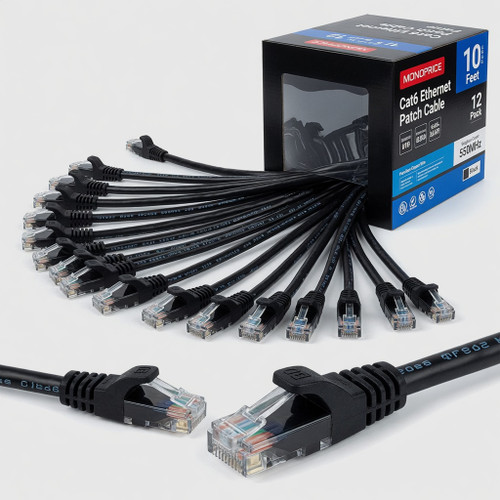 Monoprice Cat6 Ethernet Patch Cable - 10 Feet - Black (12 Pack) Snagless RJ45, Stranded, 550MHz, UTP, Pure Bare Copper Wire, 24AWG - Flexboot Series