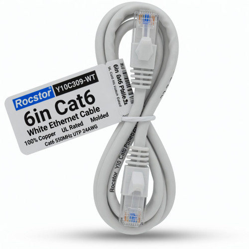 Rocstor Y10C309-WT 6in Cat6 White Enet Molded Cabl 100% Copper Ul Rated Cable