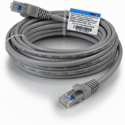 StarTech.com 50ft (15m) CAT6 Ethernet Cable - LSZH (Low Smoke Zero Halogen) - 10 Gigabit 650MHz 100W PoE RJ45 UTP Network Patch Cord Snagless w/Strain Relief - Gray CAT 6, ETL Verified (N6LPATCH50GR)