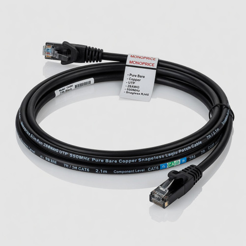 Monoprice Cat6 7ft Black Component Level Patch Cable UTP 28AWG 550MHz Pure Bare Copper Snagless RJ45 SlimRun Series Ethernet Cable