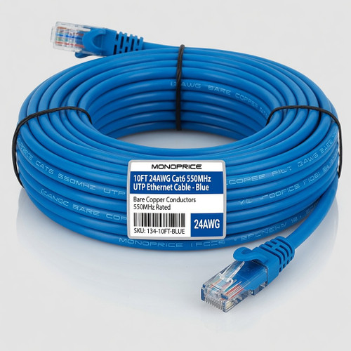 Monoprice 10FT 24AWG Cat6 550MHz UTP Ethernet Bare Copper Network Cable - Blue