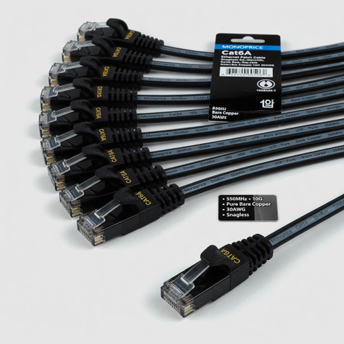 Monoprice Cat6A Ethernet Patch Cable - Snagless RJ45, 550Mhz, 10G, UTP, Pure Bare Copper Wire, 30AWG, 10-Pack, 10 Feet, Black - SlimRun Series