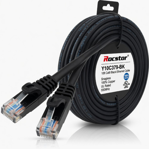 Rocstor Y10C379-BK 10ft Cat6 Black Ethern Snaglesscabl 100% Copper Ul Rated Cable
