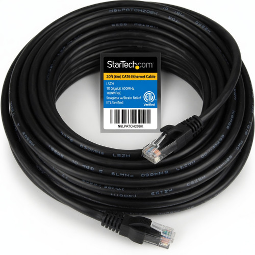 StarTech.com 20ft (6m) CAT6 Ethernet Cable - LSZH (Low Smoke Zero Halogen) - 10 Gigabit 650MHz 100W PoE RJ45 UTP Network Patch Cord Snagless w/Strain Relief - Black CAT 6, ETL Verified (N6LPATCH20BK)