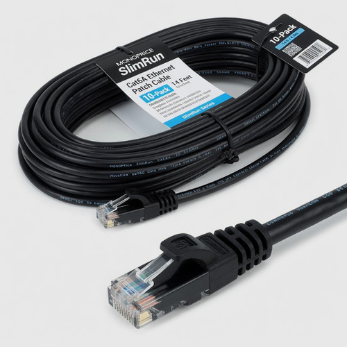 Monoprice Cat6A Ethernet Patch Cable - Snagless RJ45, 550Mhz, 10G, UTP, Pure Bare Copper Wire, 30AWG, 10-Pack, 14 Feet, Black - SlimRun Series