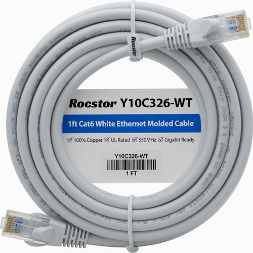 Rocstor Y10C326-WT 1ft Cat6 White Ethernet Molded Cabl 100% Copper Ul Rated Cable