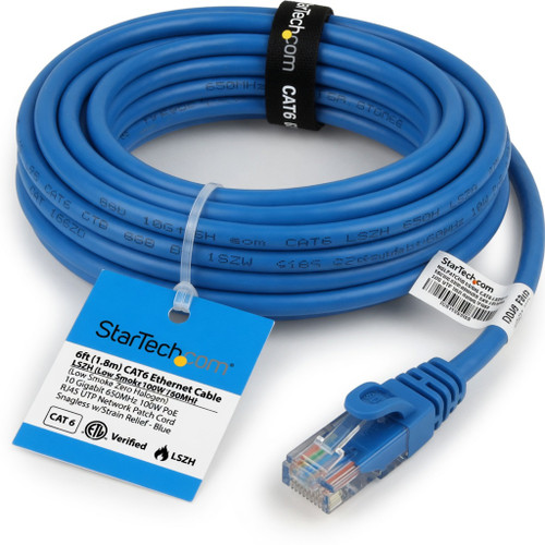 StarTech.com 6ft (1.8m) CAT6 Ethernet Cable - LSZH (Low Smoke Zero Halogen) - 10 Gigabit 650MHz 100W PoE RJ45 UTP Network Patch Cord Snagless w/Strain Relief - Blue CAT 6, ETL Verified (N6LPATCH6BL)