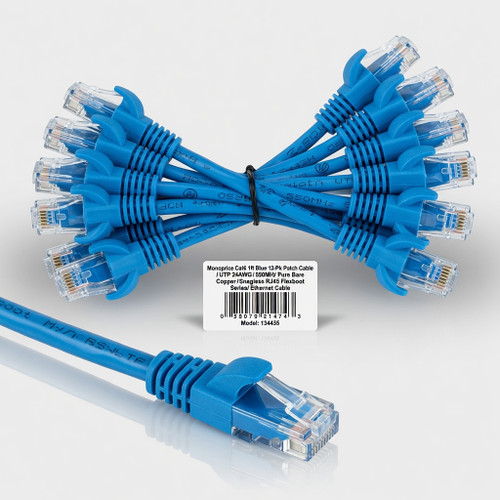 Monoprice Cat6 1ft Blue 12-Pk Patch Cable UTP 24AWG 550MHz Pure Bare Copper Snagless RJ45 Flexboot Series Ethernet Cable
