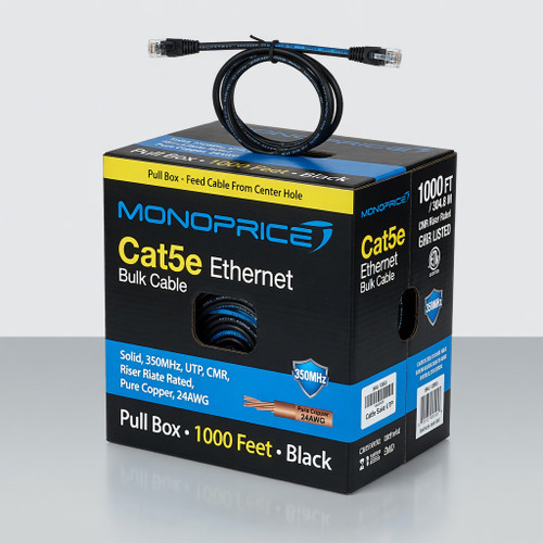 Monoprice Cat5e Ethernet Bulk Cable - Solid, 350Mhz, UTP, CMR, Riser Rated, Pure Copper, 24AWG, Pull Box, 1000 Feet, Black
