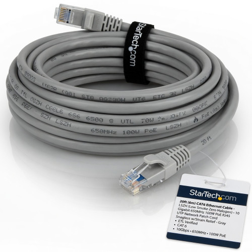 StarTech.com 20ft (6m) CAT6 Ethernet Cable - LSZH (Low Smoke Zero Halogen) - 10 Gigabit 650MHz 100W PoE RJ45 UTP Network Patch Cord Snagless w/Strain Relief - Gray CAT 6, ETL Verified (N6LPATCH20GR)