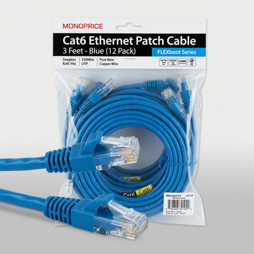 Monoprice Cat6 Ethernet Patch Cable - 3 Feet - Blue (12 Pack) Snagless RJ45, 550MHz, UTP, Pure Bare Copper Wire, 24AWG - FLEXboot Series