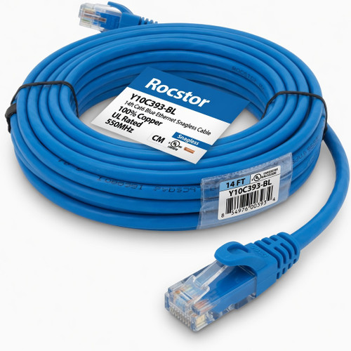 Rocstor Y10C393-BL 14ft Cat6 Blue Ethern Snagless Cabl 100% Copper Ul Rated Cable