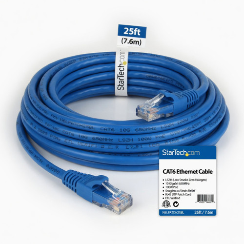 StarTech.com 25ft (7.6m) CAT6 Ethernet Cable - LSZH (Low Smoke Zero Halogen) - 10 Gigabit 650MHz 100W PoE RJ45 UTP Network Patch Cord Snagless w/Strain Relief - Blue CAT 6, ETL Verified (N6LPATCH25BL)