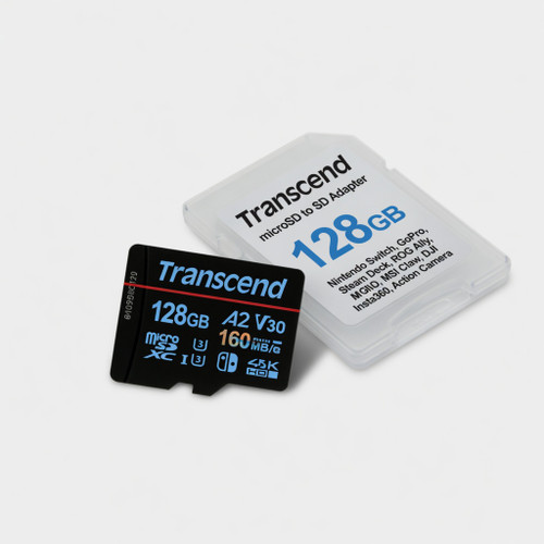 Transcend 128GB A2 V30 microSDXC Micro SD Card, Up to 160MB/s, for Nintendo Switch, GoPro, Steam Deck, ROG Ally, MSI Claw, DJI, Insta360, Action Camera, UHS-I U3 C10 4K UHD Video Memory Card w/Adapter