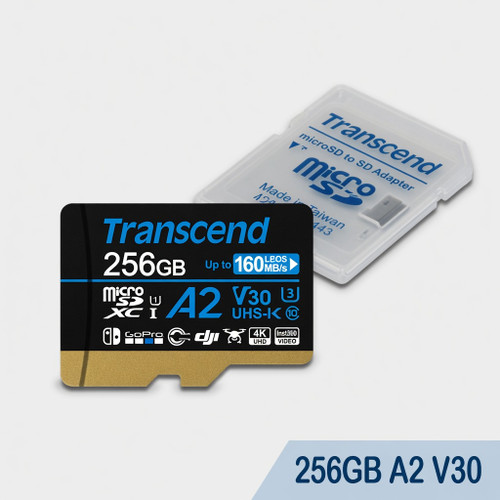 Transcend 256GB A2 V30 microSDXC Micro SD Card, Up to 160MB/s, for Nintendo Switch, GoPro, Steam Deck, ROG Ally, MSI Claw, DJI, Insta360, Action Camera, UHS-I U3 C10 4K UHD Video Memory Card w/Adapter