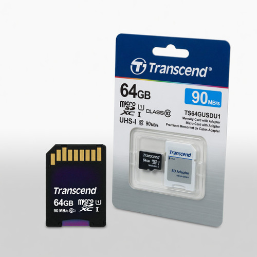 Transcend 64GB MicroSDXC Class10 UHS-1 Memory Card with Adapter 90 MB/s (TS64GUSDU1)