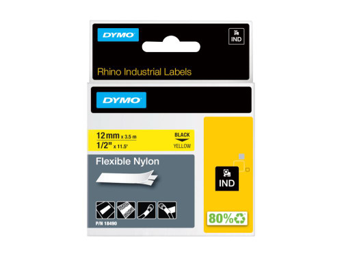 Dymo Rhino flexible nylon label tape, 1/2 inch by 11.5 ft yellow black print