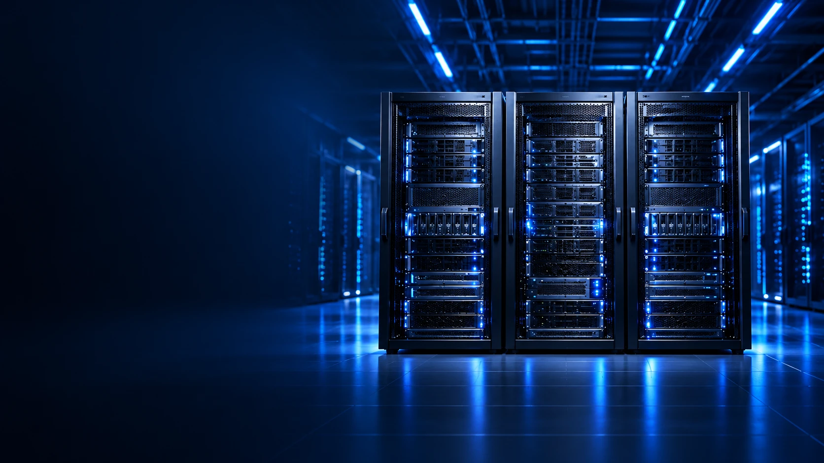 Futuristic blue data center server racks