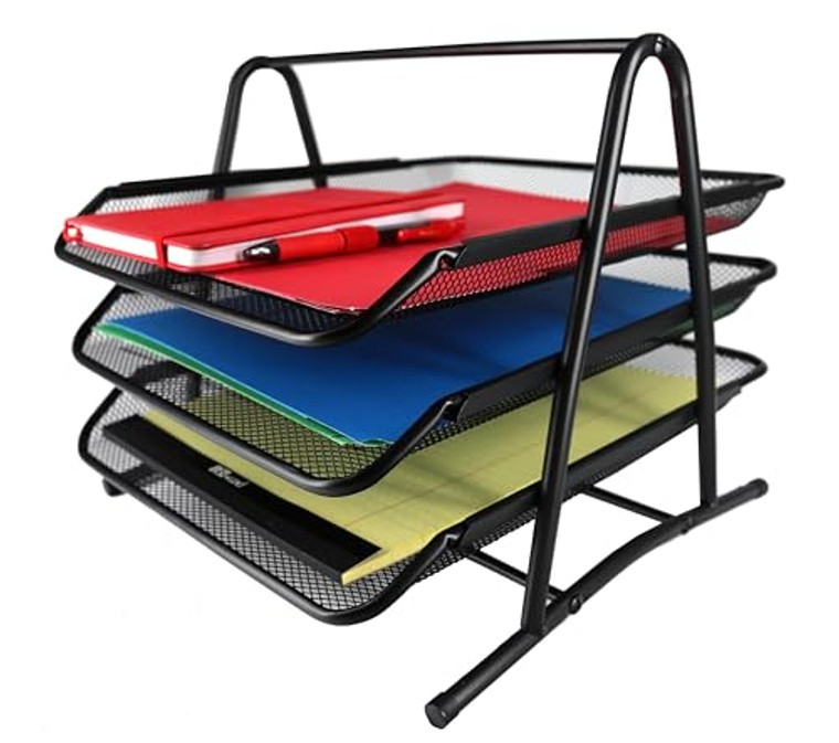 Huron Desktop Horizontal File Organizer, 3 Slot, Black Steel Mesh