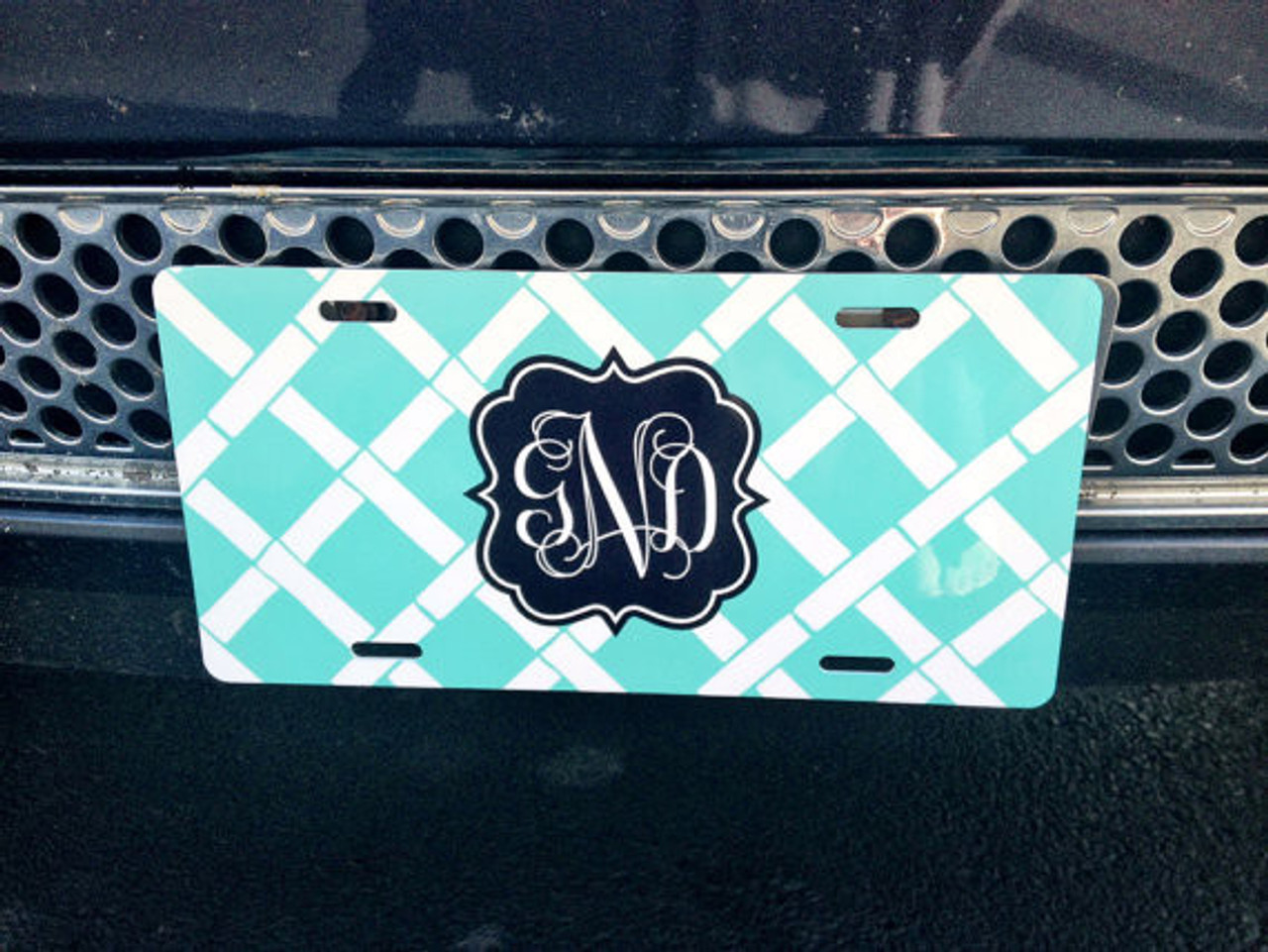 Navy and light blue chevron monogrammed car tag