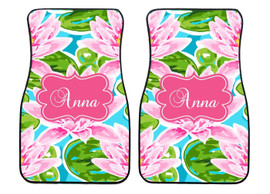 Pink Water Lilies Preppy Personalized Front Car Mats (Set of 2)