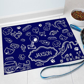 Navy "Cat Love" Pet Food Mat Personalized GIFT - Solid Color Custom Floor Mat