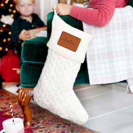 Creme Knit Christmas Stocking with Engraved Leather Patch