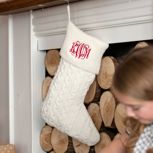 Creme Knit Christmas Stocking with Embroidered Monogram