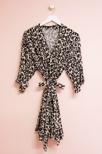 Cotton Lightweight Robe with Leopard Print & Ruffle