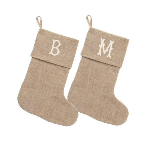 Creme Bamboo Initial Burlap Christmas Stocking