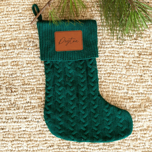 Engraved Leather Patch on Hunter Green Knit Christmas Stocking