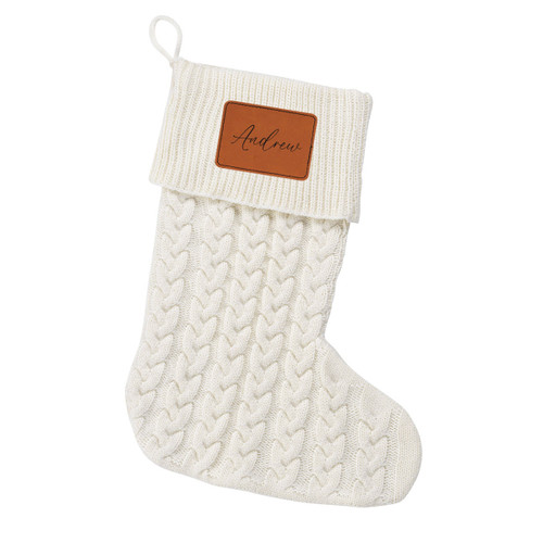 Engraved Leather Patch on Creme Knit Christmas Stocking
