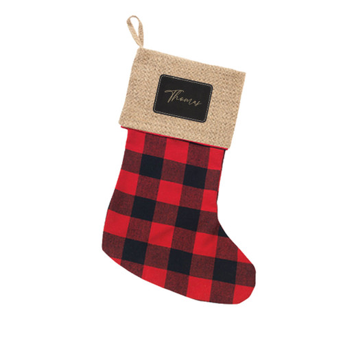 Engraved Leather Patch on Red Buffalo Check Christmas Stocking