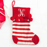 Personalized Red Stripe Pom-Pom Christmas Stocking with Initial