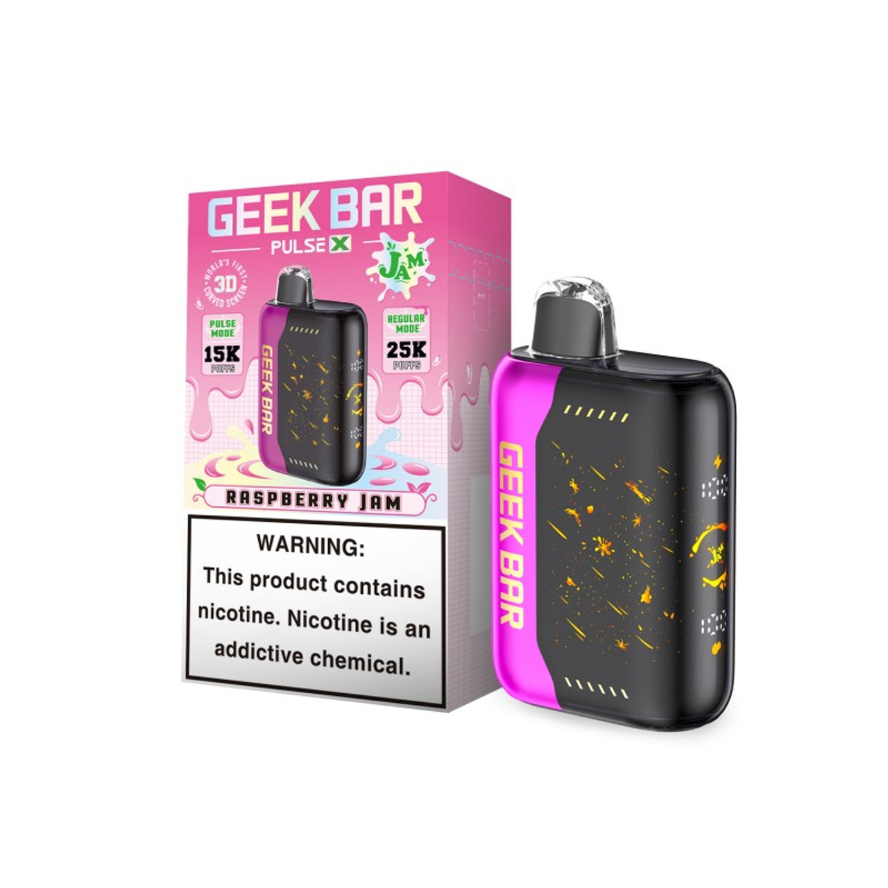 Savor the sweet-tart taste of Raspberry Jam from Geek Bar Pulse X Jam Edition Disposable 5%, bursting with juicy raspberry flavor and delivering up to 25,000 puffs of pure delight. Try it today!